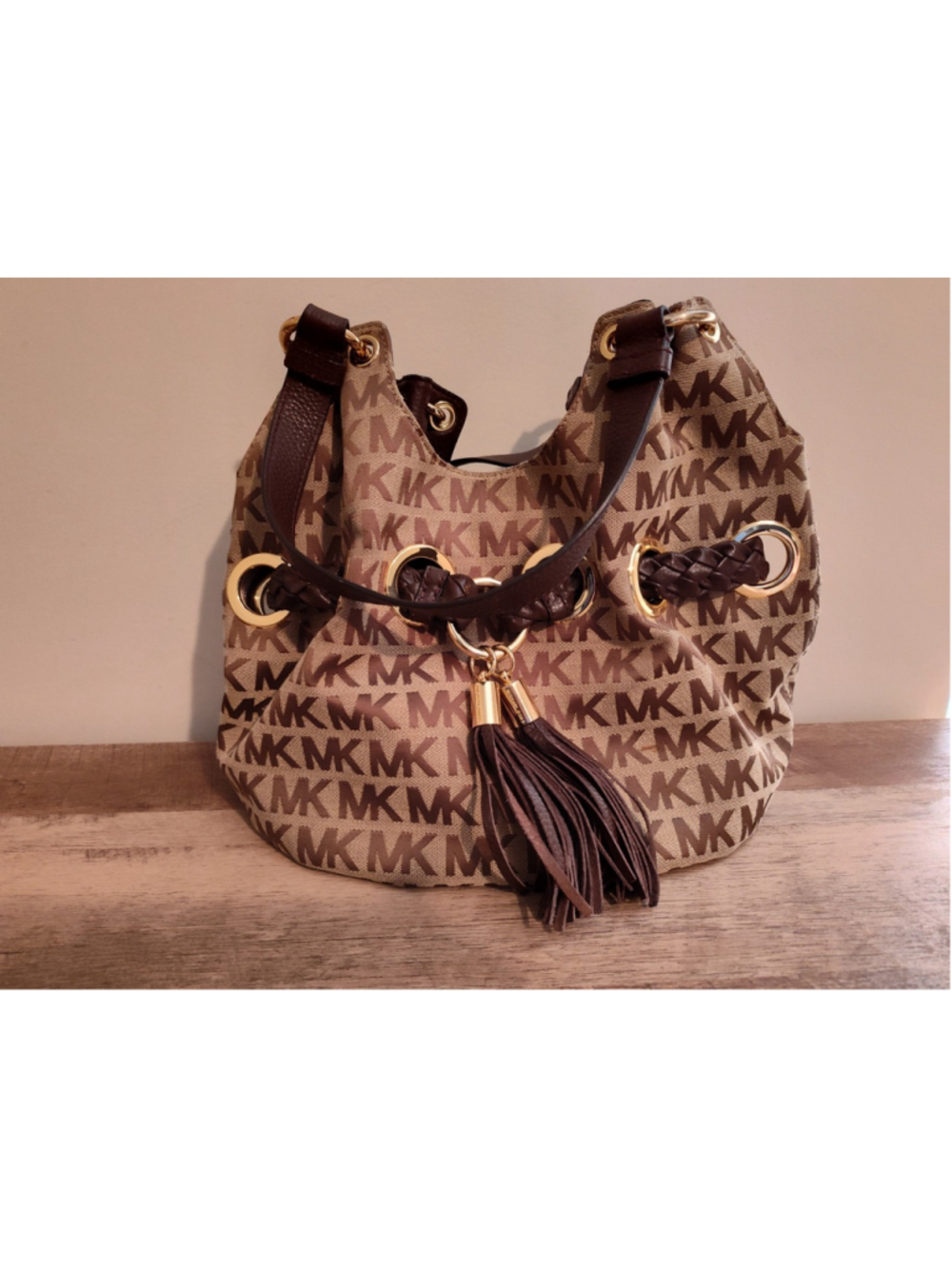 Michael Kors Signature Print Brown Leather with Tassels Handbag